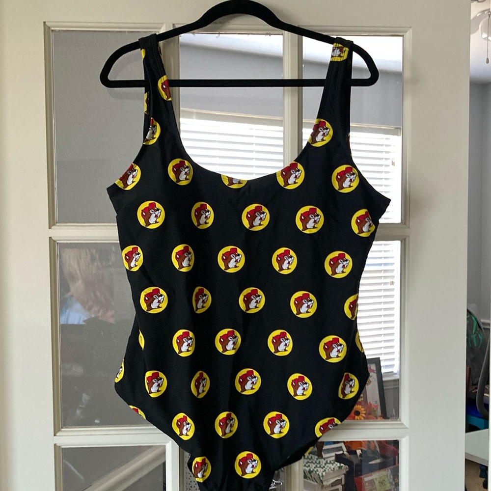 Bucee’s Black and Yellow One Piece Swimsuit with Circular Pattern